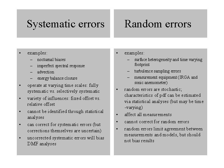 Systematic errors • examples: – – • • • Random errors • – nocturnal