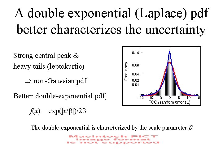 A double exponential (Laplace) pdf better characterizes the uncertainty Strong central peak & heavy