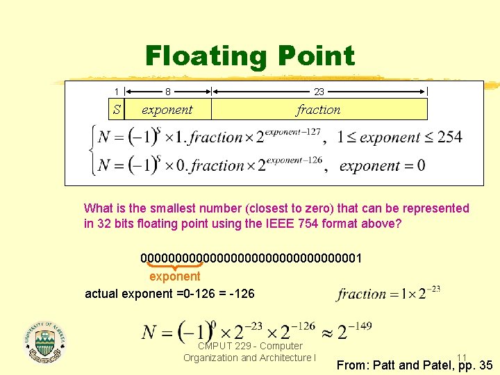 Floating Point 1 8 23 S exponent fraction What is the smallest number (closest