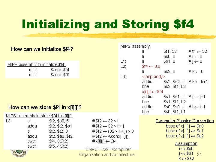 Initializing and Storing $f 4 How can we initialize $f 4? MIPS assembly to