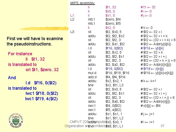 First we will have to examine the pseudoinstructions. For instance li $t 1, 32