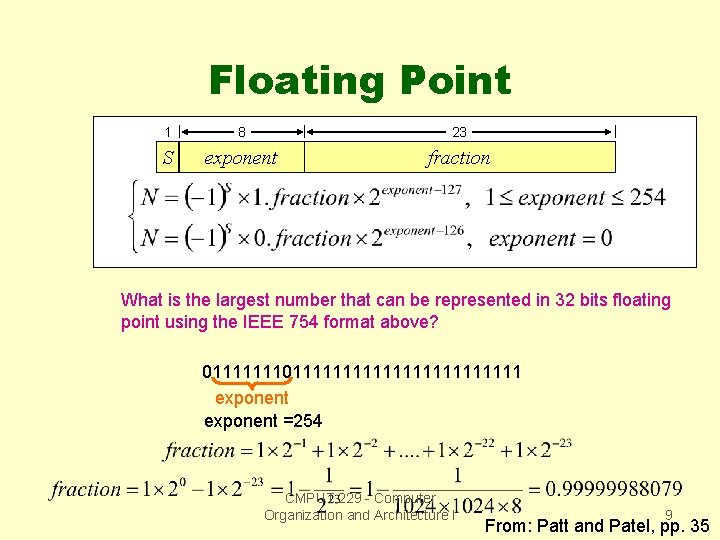 Floating Point 1 8 23 S exponent fraction What is the largest number that