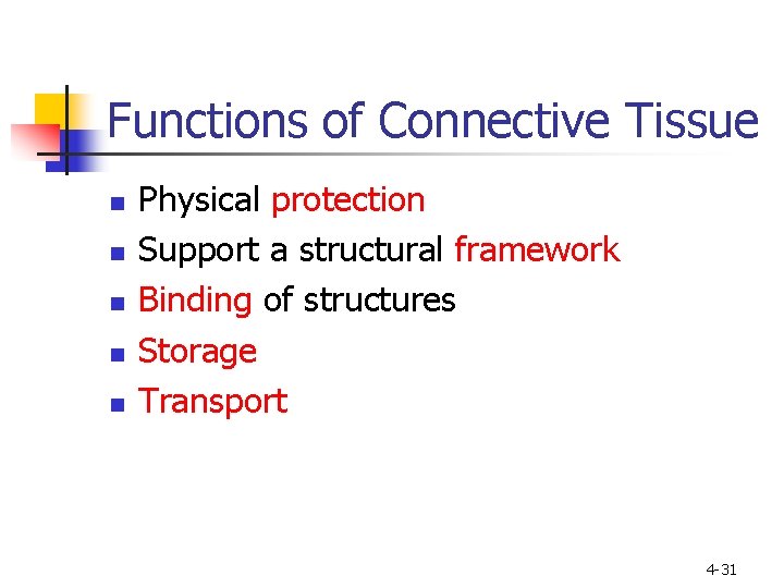 Functions of Connective Tissue n n n Physical protection Support a structural framework Binding