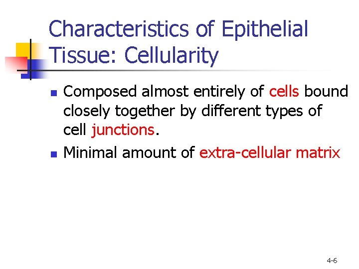 Characteristics of Epithelial Tissue: Cellularity n n Composed almost entirely of cells bound closely