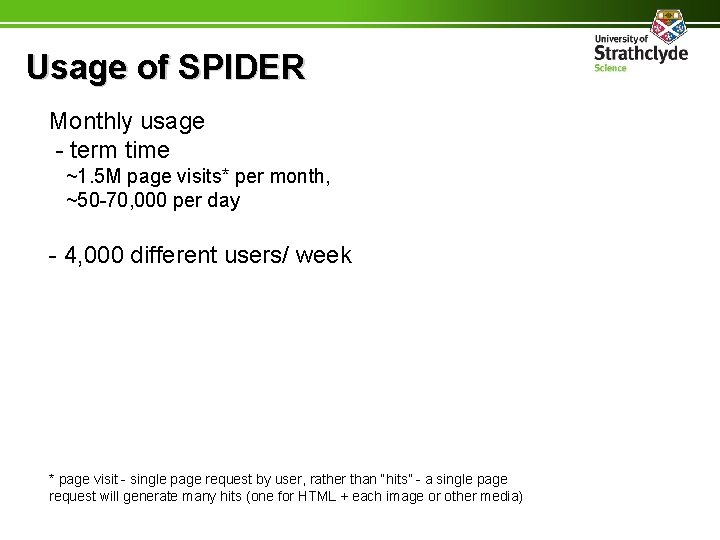 Usage of SPIDER Monthly usage - term time ~1. 5 M page visits* per