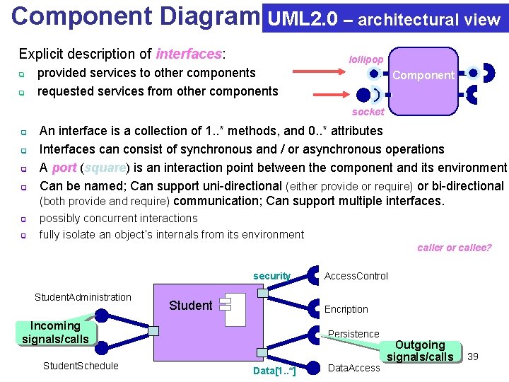 Component Diagram UML 2. 0 – architectural view Explicit description of interfaces: q q