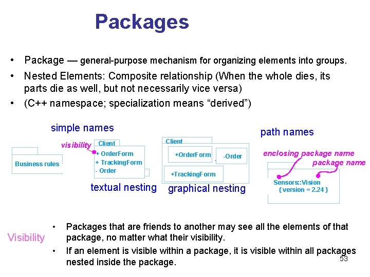 Packages • Package — general-purpose mechanism for organizing elements into groups. • Nested Elements: