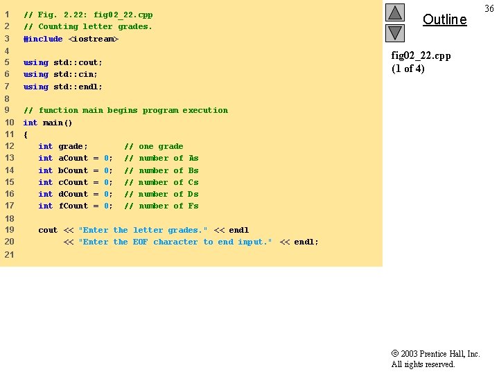 1 2 3 // Fig. 2. 22: fig 02_22. cpp // Counting letter grades.