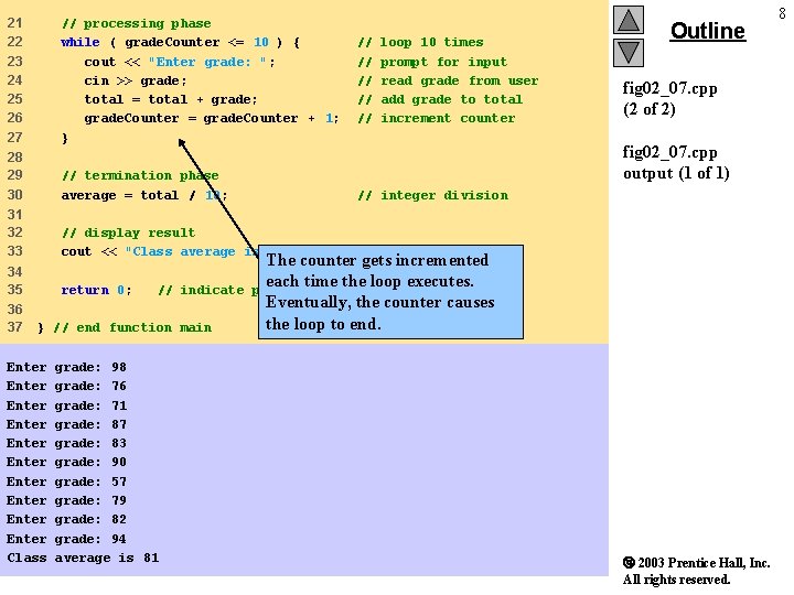 21 22 23 24 25 26 27 // processing phase while ( grade. Counter