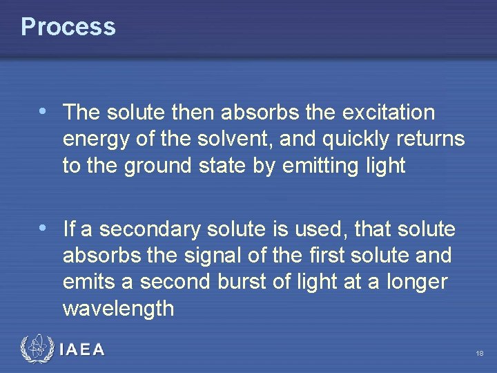 Process • The solute then absorbs the excitation energy of the solvent, and quickly