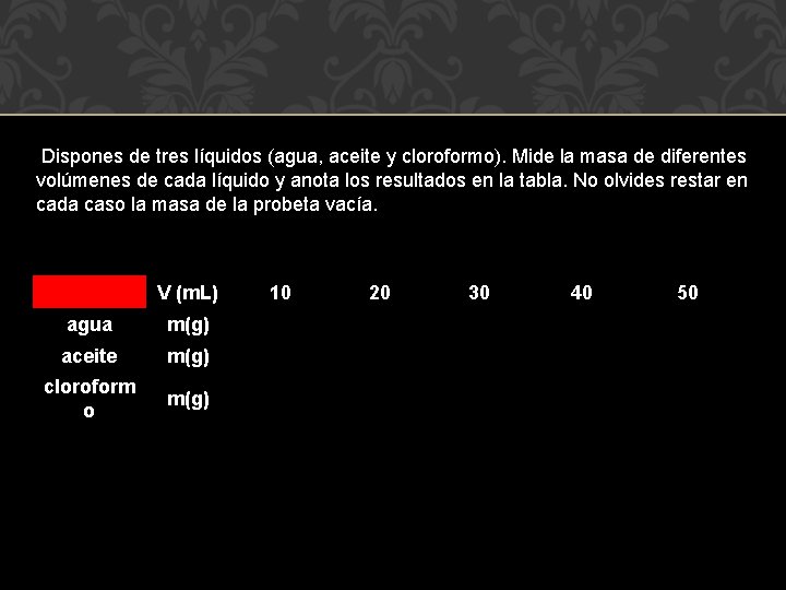  Dispones de tres líquidos (agua, aceite y cloroformo). Mide la masa de diferentes