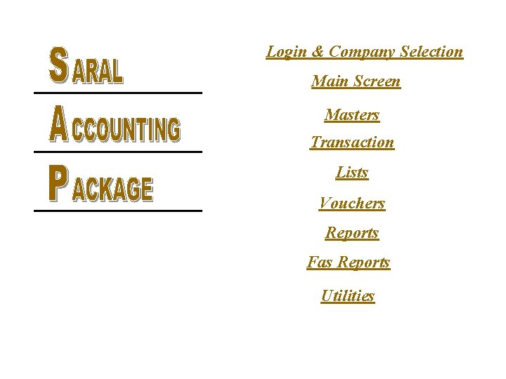 Login & Company Selection Main Screen Masters Transaction Lists Vouchers Reports Fas Reports Utilities