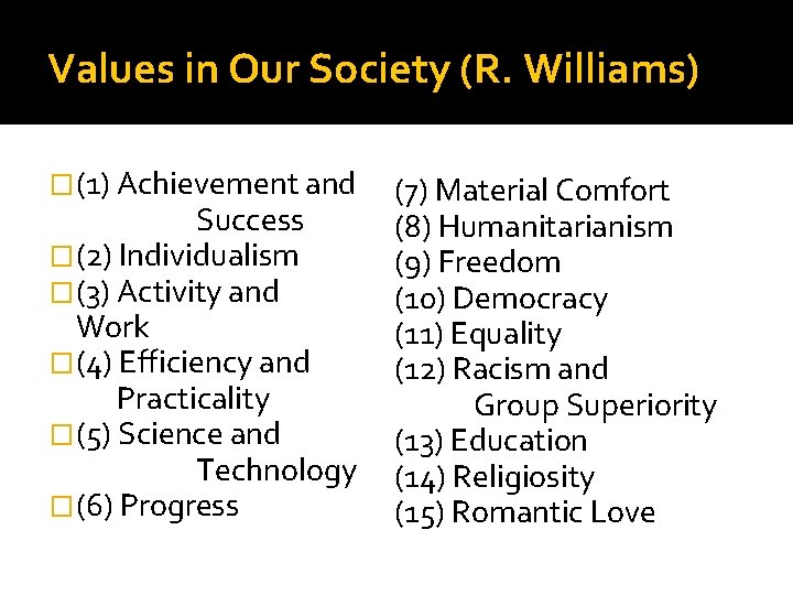 Values in Our Society (R. Williams) �(1) Achievement and Success �(2) Individualism �(3) Activity