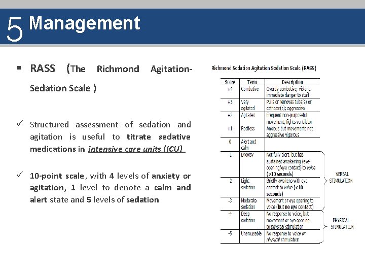 5 Management § RASS (The Richmond Agitation. Sedation Scale ) ü Structured assessment of
