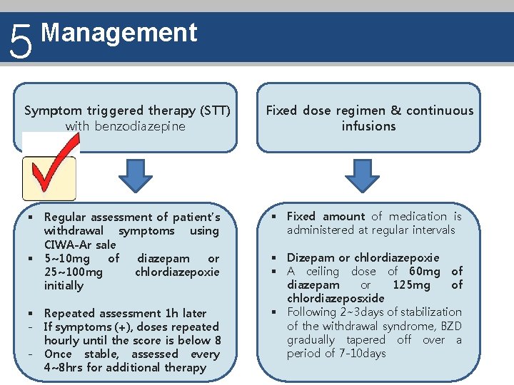 5 Management Symptom triggered therapy (STT) with benzodiazepine § Regular assessment of patient’s withdrawal