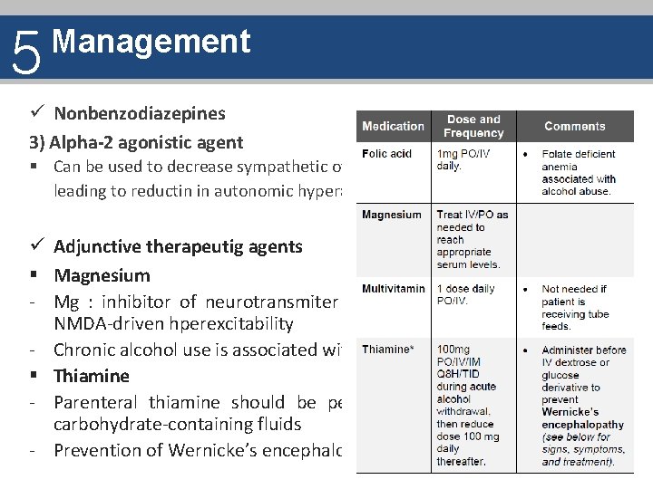 5 Management ü Nonbenzodiazepines 3) Alpha-2 agonistic agent § Can be used to decrease