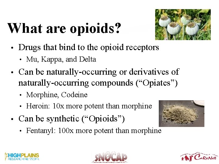 What are opioids? • Drugs that bind to the opioid receptors • • Mu, What are opioids? • Drugs that bind to the opioid receptors • • Mu,