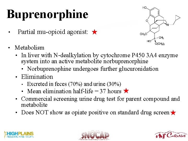 Buprenorphine Partial mu-opioid agonist: • • Metabolism • In liver with N-dealkylation by cytochrome Buprenorphine Partial mu-opioid agonist: • • Metabolism • In liver with N-dealkylation by cytochrome