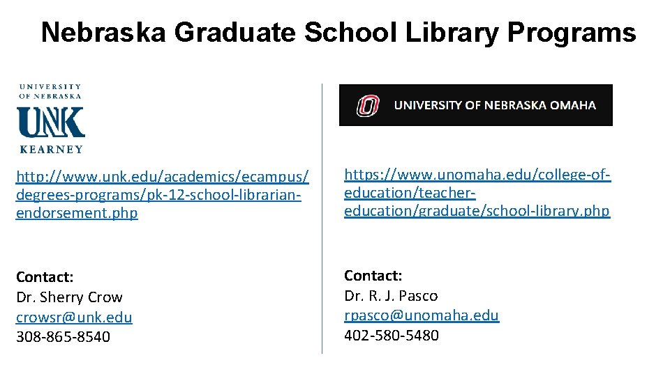 Nebraska Graduate School Library Programs http: //www. unk. edu/academics/ecampus/ degrees-programs/pk-12 -school-librarianendorsement. php https: //www.