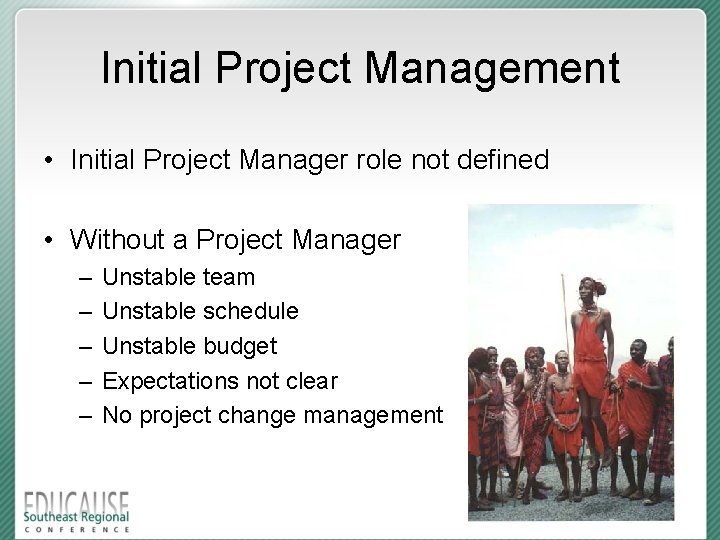 Initial Project Management • Initial Project Manager role not defined • Without a Project