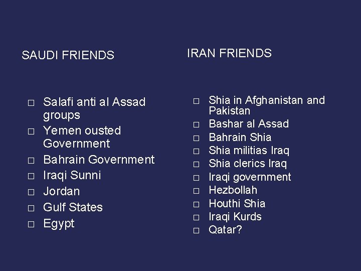 SAUDI FRIENDS � � � � Salafi anti al Assad groups Yemen ousted Government SAUDI FRIENDS � � � � Salafi anti al Assad groups Yemen ousted Government