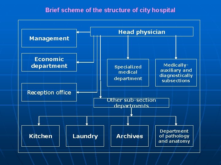 Brief scheme of the structure of city hospital Head physician Management Economic department Specialized