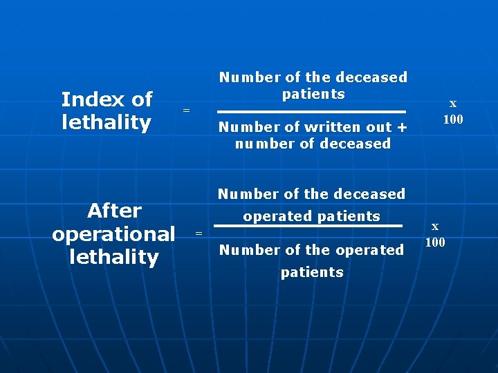 Index of lethality After operational lethality Number of the deceased patients = Number of