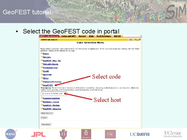 Geo. FEST tutorial • Select the Geo. FEST code in portal Select code Select