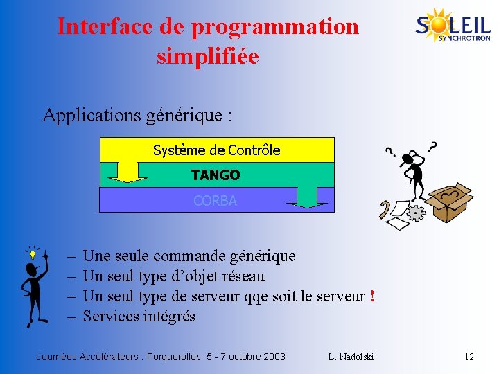 Interface de programmation simplifiée Applications générique : Système de Contrôle TANGO Framework CORBA –