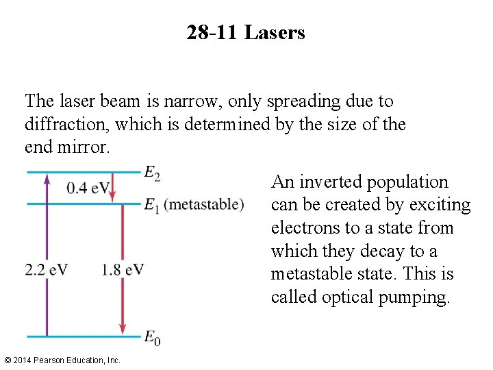 28 -11 Lasers The laser beam is narrow, only spreading due to diffraction, which