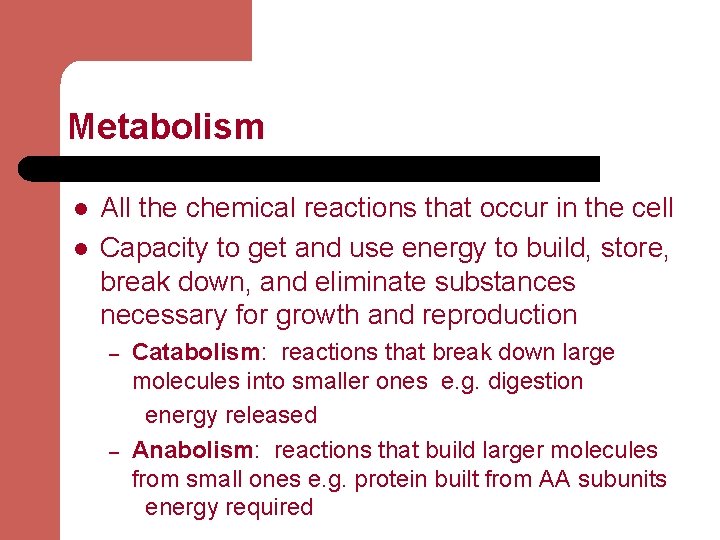 Metabolism l l All the chemical reactions that occur in the cell Capacity to