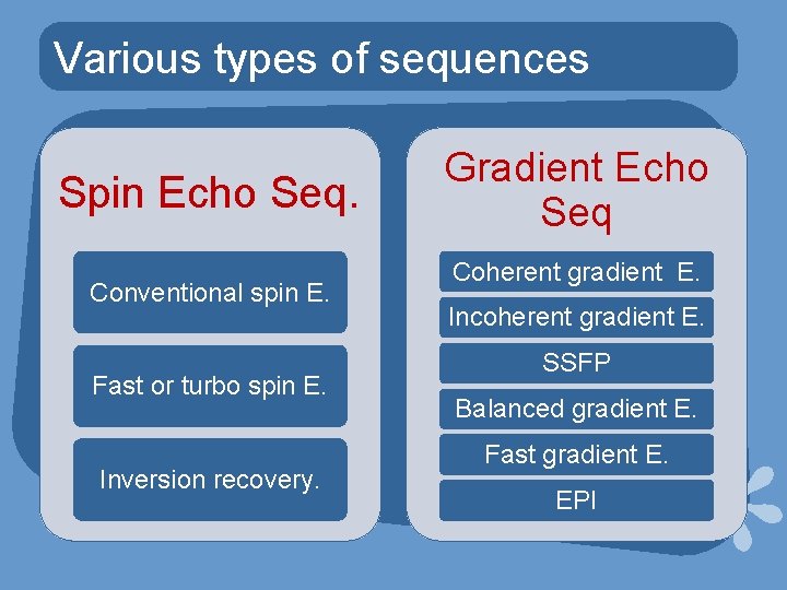 Various types of sequences Spin Echo Seq. Conventional spin E. Fast or turbo spin