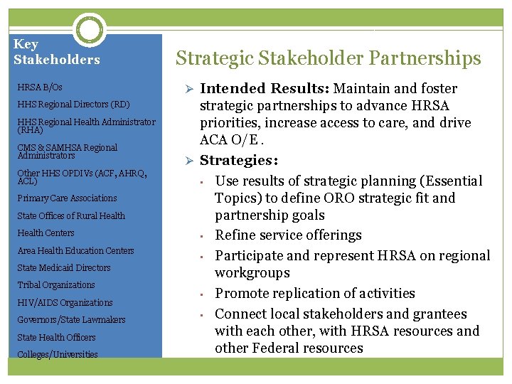 Key Stakeholders Strategic Stakeholder Partnerships HRSA B/Os Ø Intended Results: Maintain and foster HHS