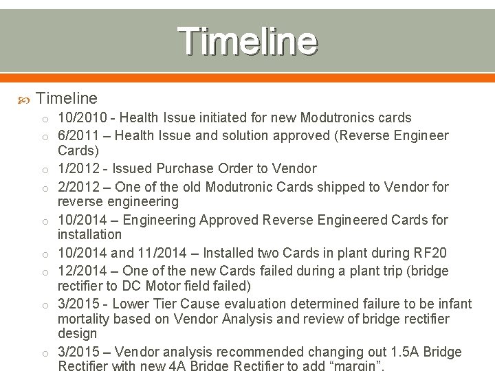 Timeline o 10/2010 - Health Issue initiated for new Modutronics cards o 6/2011 –