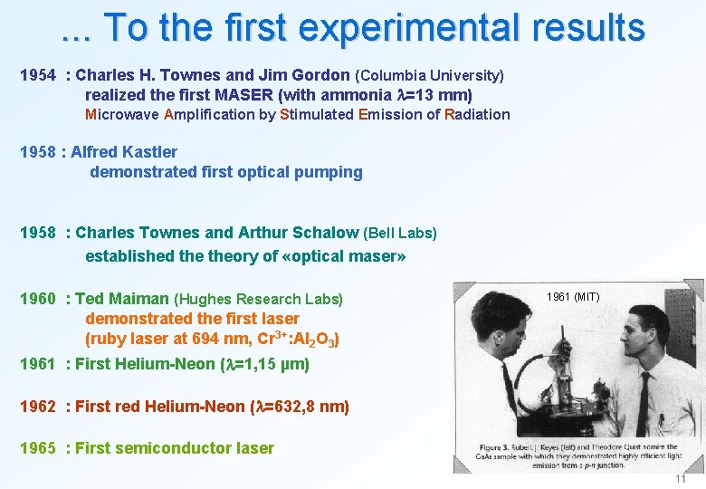 . . . To the first experimental results 1954 : Charles H. Townes and