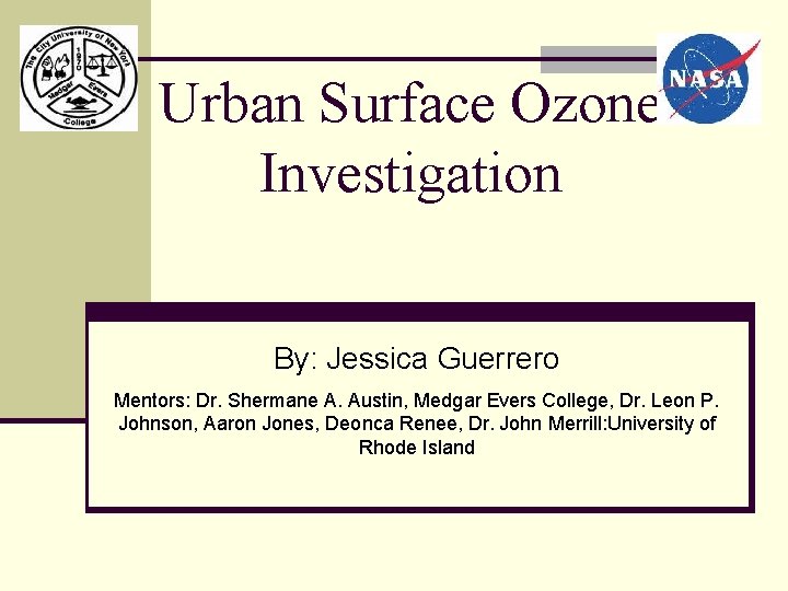 Urban Surface Ozone Investigation By: Jessica Guerrero Mentors: Dr. Shermane A. Austin, Medgar Evers