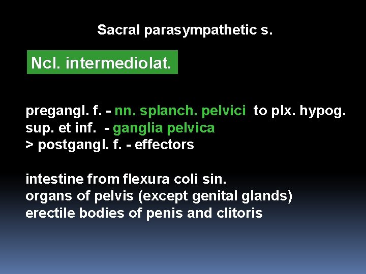 Sacral parasympathetic s. Ncl. intermediolat. pregangl. f. - nn. splanch. pelvici to plx. hypog.