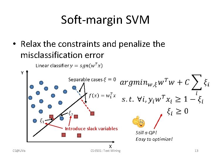 Soft-margin SVM • Relax the constraints and penalize the misclassification error Y Introduce slack
