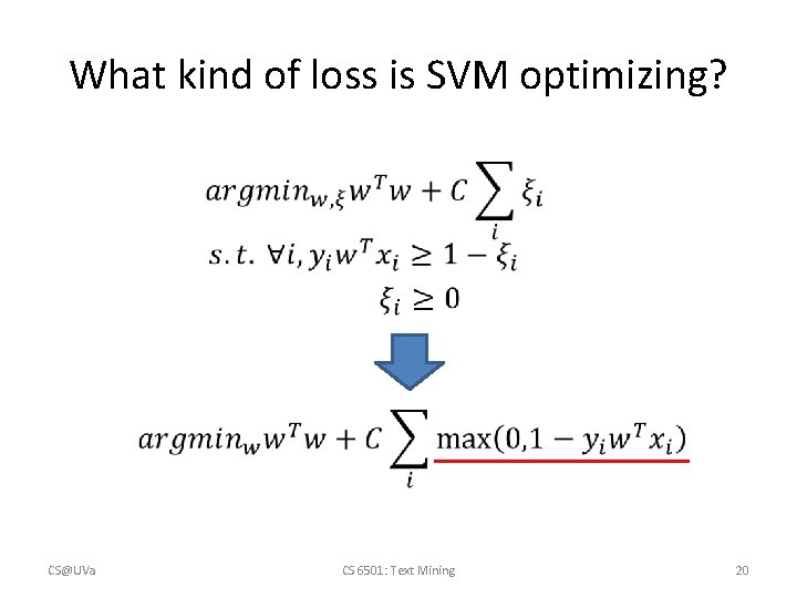 What kind of loss is SVM optimizing? CS@UVa CS 6501: Text Mining 20 