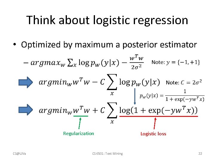 Think about logistic regression • Regularization CS@UVa CS 6501: Text Mining Logistic loss 22