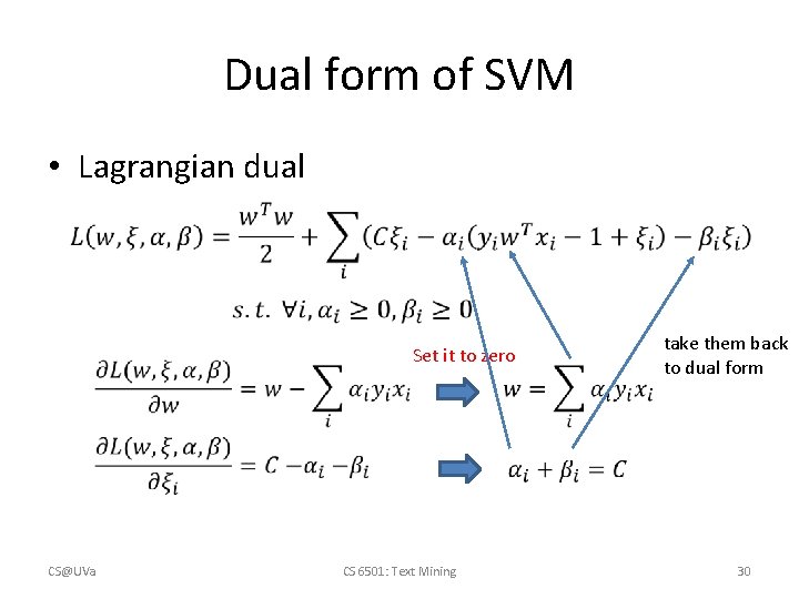 Dual form of SVM • Lagrangian dual Set it to zero CS@UVa take them