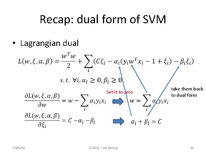 Recap: dual form of SVM • Lagrangian dual Set it to zero CS@UVa take