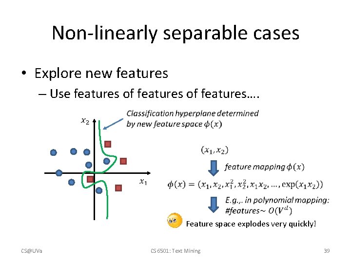 Non-linearly separable cases • Explore new features – Use features of features…. Feature space