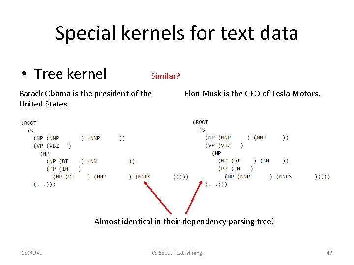 Special kernels for text data • Tree kernel Similar? Barack Obama is the president