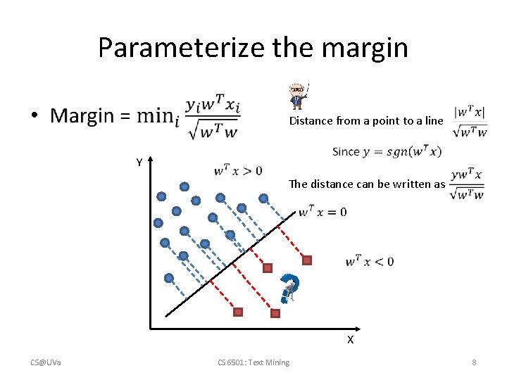 Parameterize the margin • Distance from a point to a line Y The distance