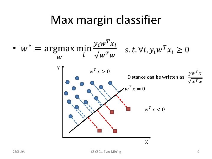Max margin classifier • Y Distance can be written as X CS@UVa CS 6501: