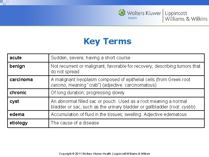 Key Terms acute Sudden, severe; having a short course benign Not recurrent or malignant;