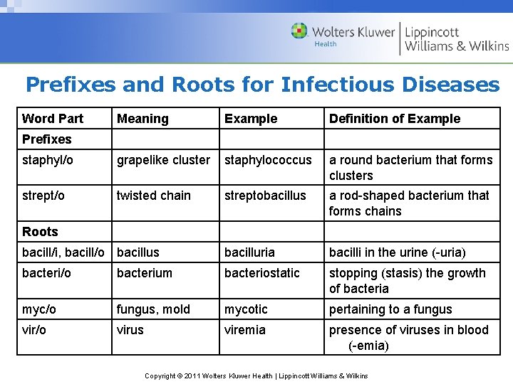 Prefixes and Roots for Infectious Diseases Word Part Meaning Example Definition of Example Prefixes