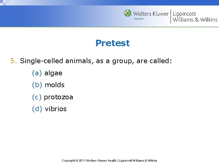 Pretest 5. Single-celled animals, as a group, are called: (a) algae (b) molds (c)