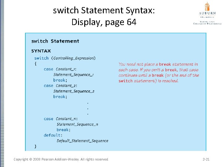 switch Statement Syntax: Display, page 64 Copyright © 2008 Pearson Addison-Wesley. All rights reserved.